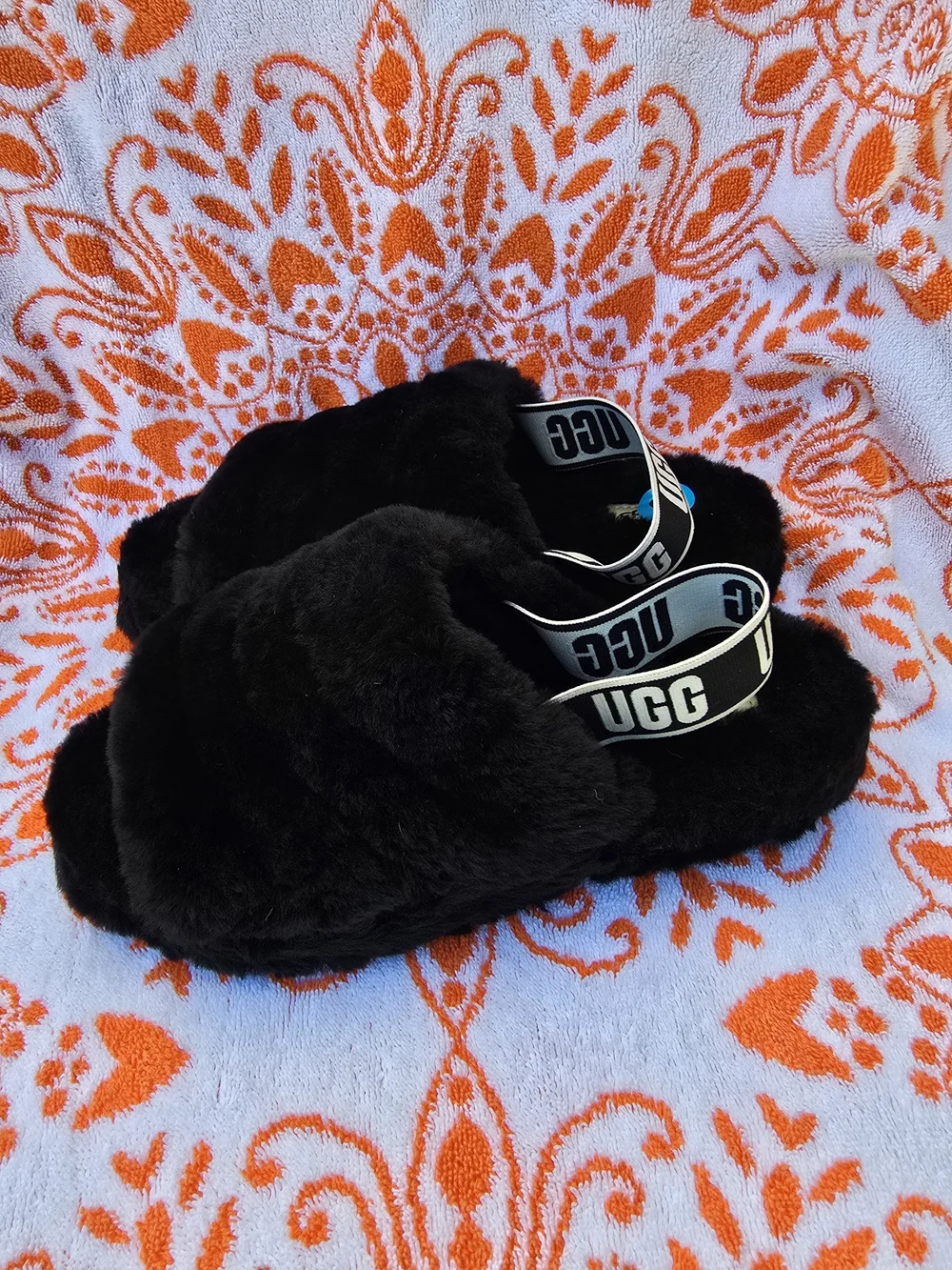 Brand New UGG Black Fluff Yeah Slide with Branded Elastic Backstrap Size 10 - Picture 4 of 5